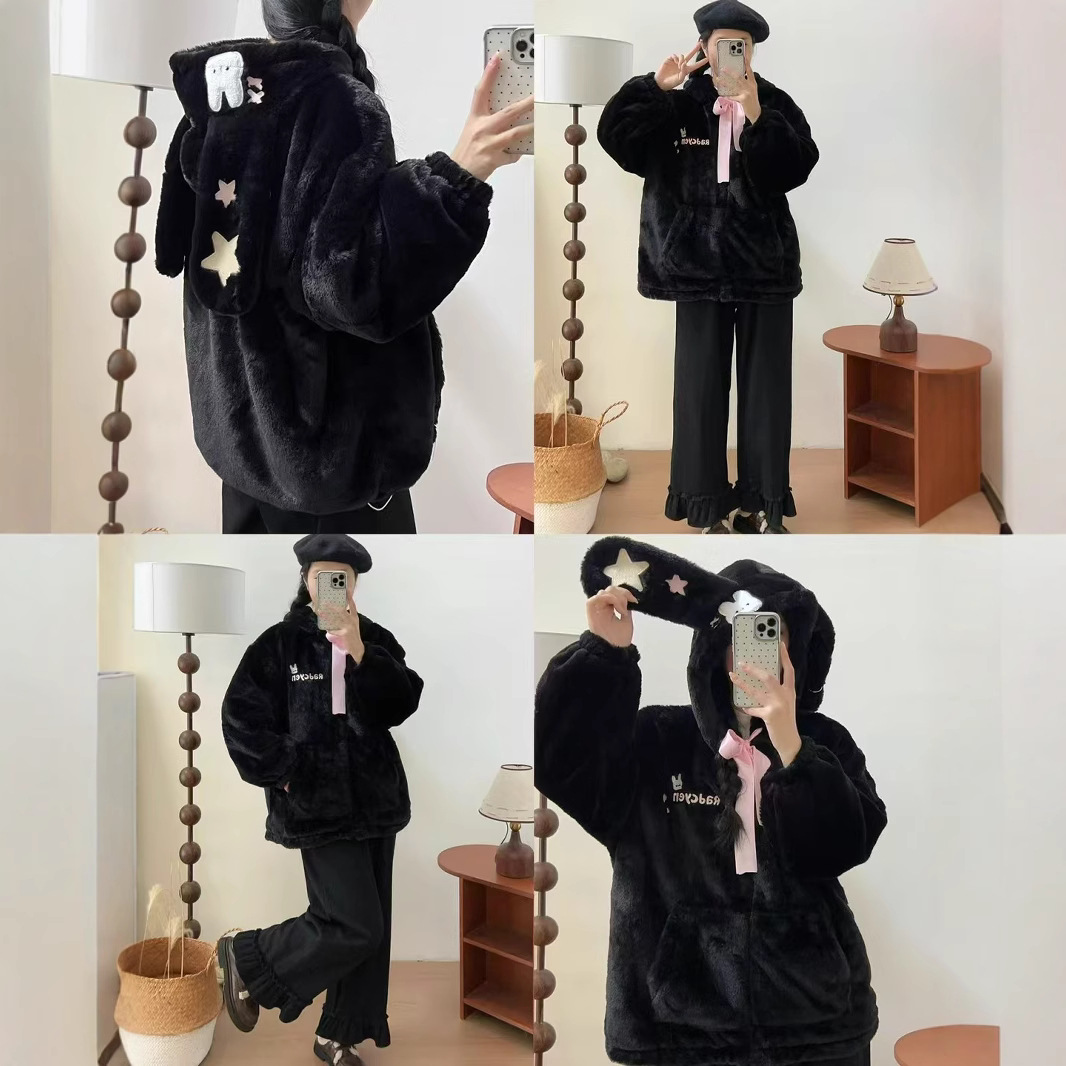 (2개) 일본 귀여운 토끼 귀 양가죽 코튼 코트 겨울 따뜻한 코튼 코트 두꺼운 코트