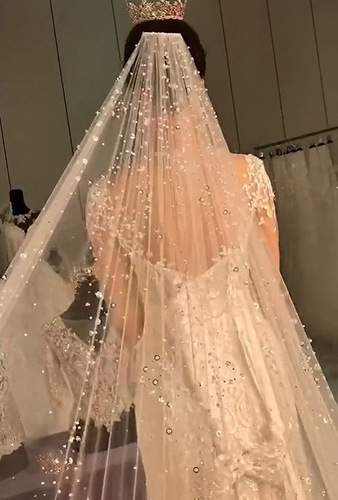Korean Pearl Rhinestone Veil Trailing Bridal Shiny Retro Photography Forest Fantasy Same Style Travel Photography and Makeup