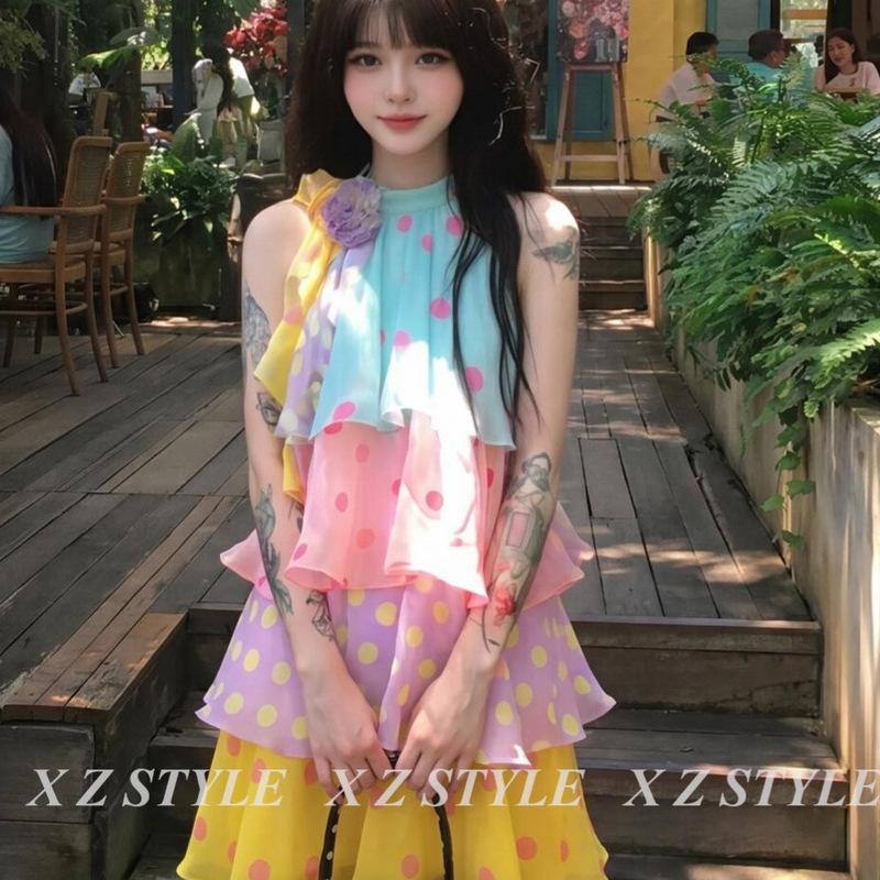 Dopamine Candy Girl Colorful Polka Dot Halter Dress Summer New Sweet Style A-Line Cake Short Skirt