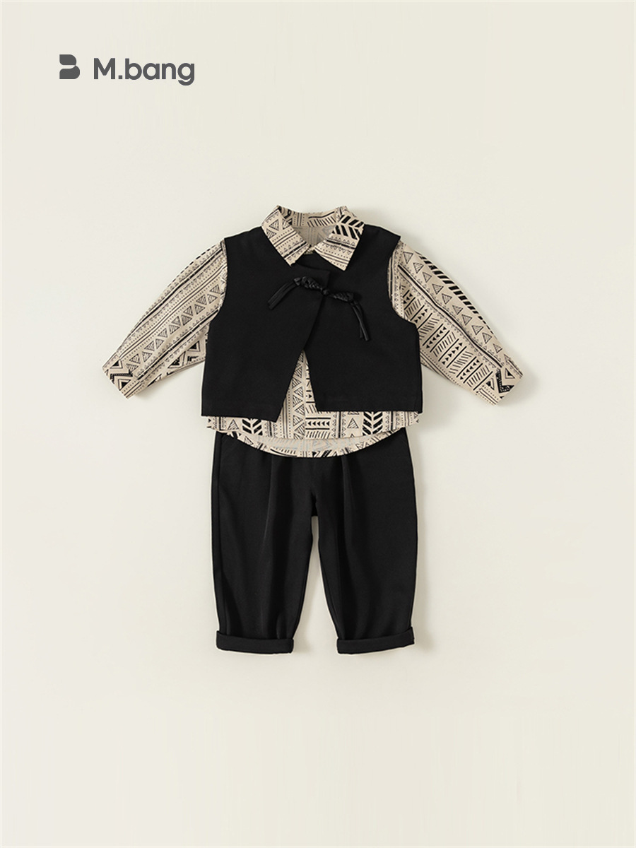 Conjunto de ropa infantil Bangxuan para niños, primavera y otoño, chaleco, camisa floral, pantalones, conjunto de tres piezas, ropa formal para niños pequeños, traje para actuaciones.