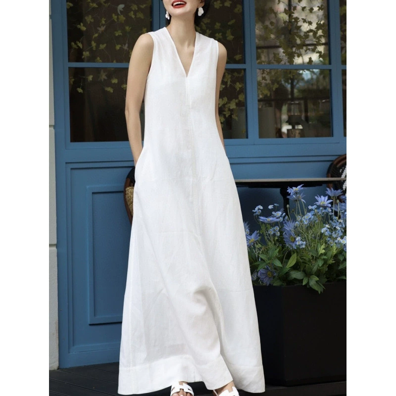 Белое платье без рукавов для женщин 2025 лето простое элегантное платье-жилет без рукавов с V-образным вырезом свободное льняное длинное платье для женщин