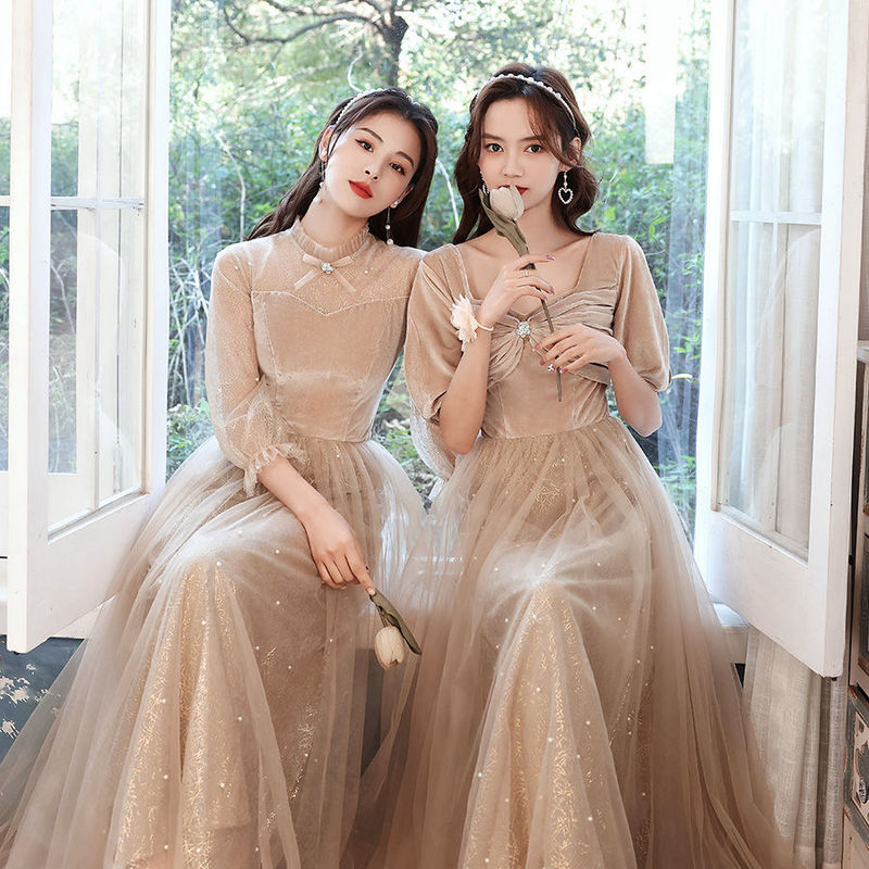 2025 New Velvet Winter Bridesmaid Dresses Wedding Sister Group Clothes Graduation Slim Bridesmaid Dresses Coffee Color Besties 2025 New Velvet Winter Bridesmaid Dresses Wedding Sister Group Clothes Graduation Slim Bridesmaid Dresses Coffee Color Besties