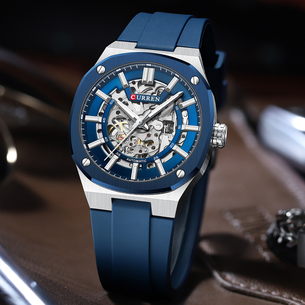 2026 CURREN Men's Skeleton Mechanical Winding Tape Waterproof Automatic Watch_voghion.com