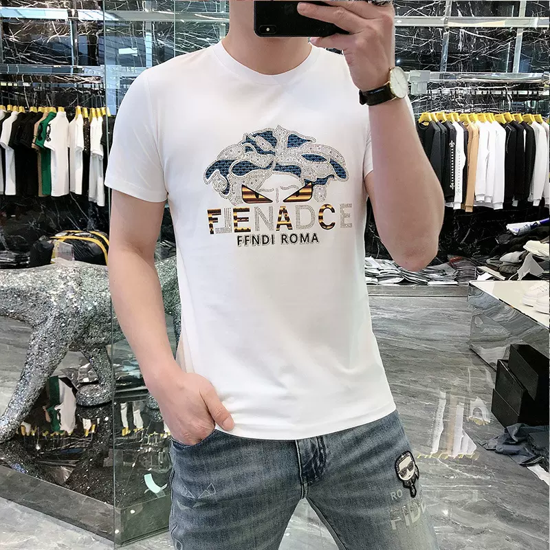 夏季新款男装欧货潮流休闲百搭圆领T恤丝光棉烫钻短袖男直播爆款