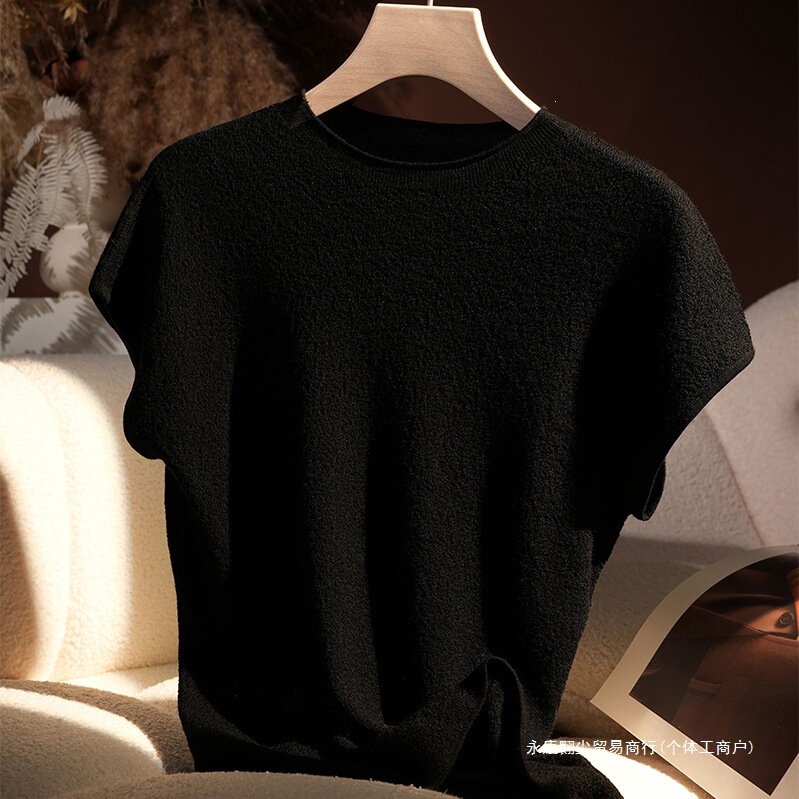 Velvet Dream Seamless Triacetate+Wool Blend Knitted Sweater for Women with Textured Small Flutter Sleeves, Thin Base Layer
