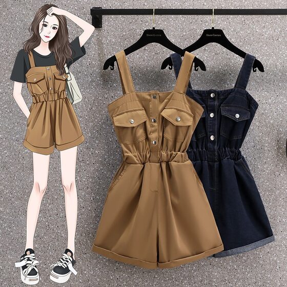 Women's Summer Denim Overalls Korean Style New Retro Workwear Design Waist-Slimming Rolled-Up One-Piece Suspenders Trendy