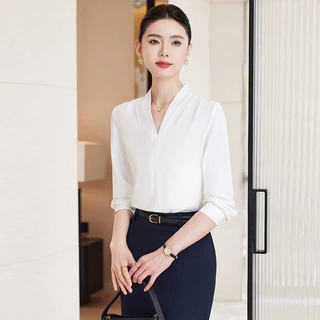 V领白衬衫女2025春秋西装内搭上衣职业面试正装套装长袖雪纺衬衣