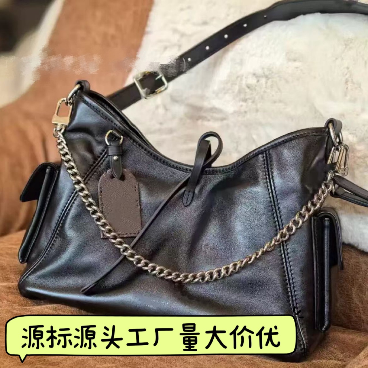 广州高品老花carryall黑武士真羊皮托特腋下女包链条单肩斜挎通勤