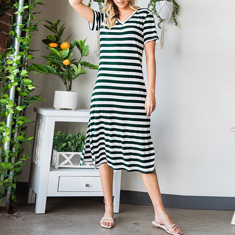 Black Stripesd Printed V Neck Floor-Length Skirt for Women European and American Side Slit Casual Home Skirt 6113423