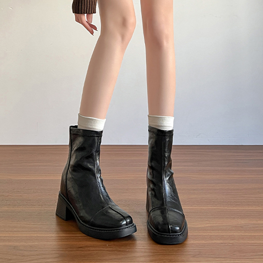 Retro High-Heeled Short Boots for Women 2025 Autumn and Winter Thick-Heeled British Style Boots French Elastic Inner Heightening Slim Boots