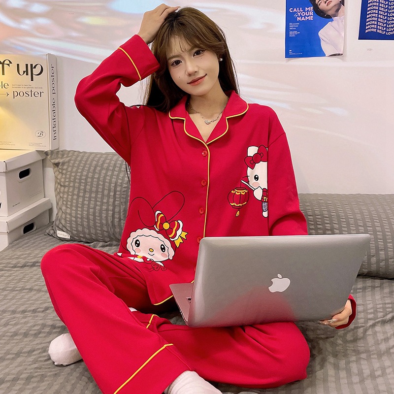 (2개) 2024 봄과 가을 새로운 순면 잠옷 여성의 붉은 생애 안녕하세요 키티 카디건 긴 소매 달콤한 홈 의류 세트