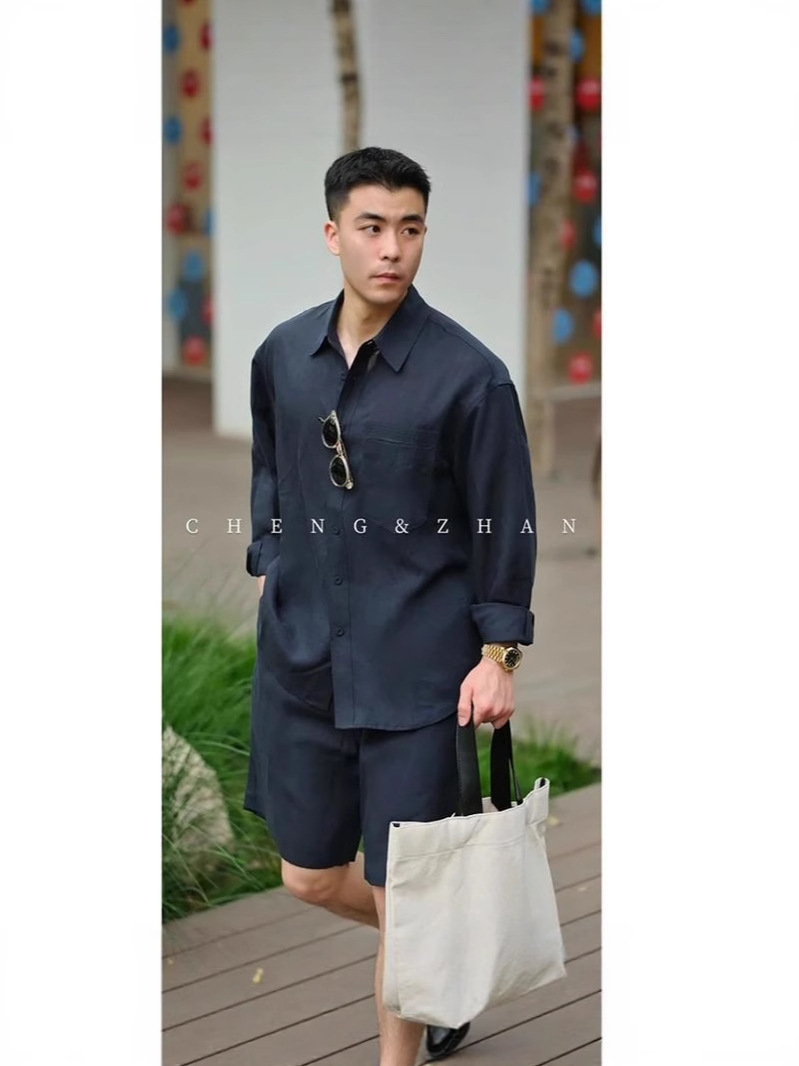 【Streamer Summer Set】2025 Lyocell Linen Shirt and Shorts for Men, Polyester, 24-Hour Delivery