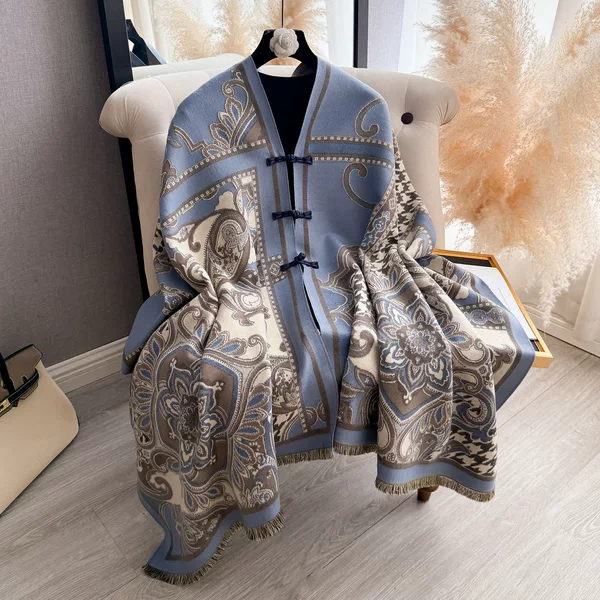 New Houndstooth Ethnic Style Atmospheric Shawl for Air-Conditioned Rooms, Warm Outerwear for New Chinese-Style Qipao with Buttoned Cape