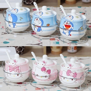 Creative cartoon cute kitchen ceramic seasoning jar seasoning box seasoning jar three-piece set salt jar monosodium glutamate banyan