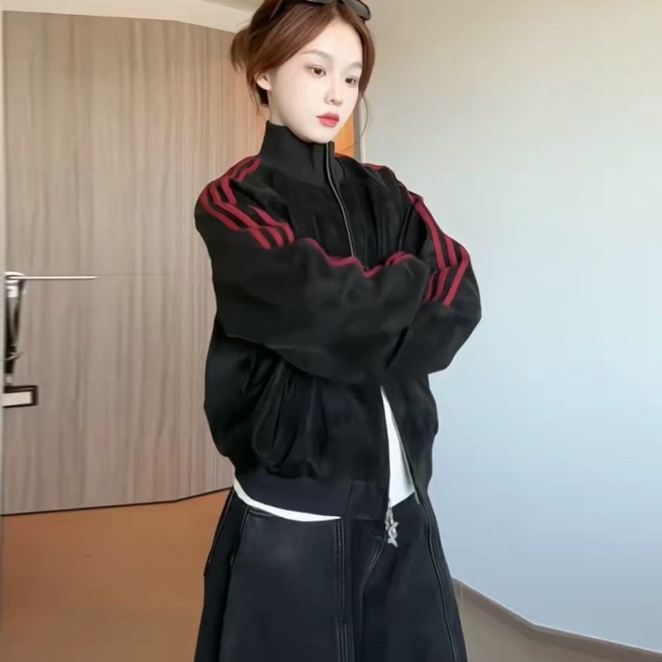 Áo khoác jacket nữ dáng rộng cổ đứng tay dài kiểu bóng chày — Màu be, Màu cà phê, Màu nâu, màu đen