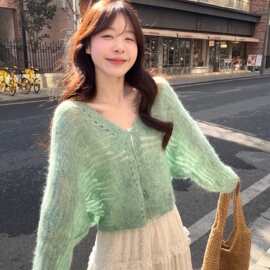薄荷曼波绿色蕾丝镂空针织开衫女春夏外搭马海毛毛衣罩衫披肩外套