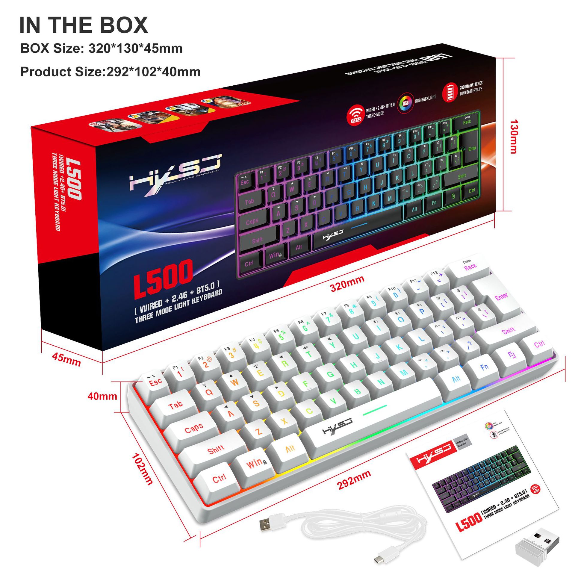 L500 de tres modos de 61 teclas RGB con cable inalámbrico Bluetooth teclado de membrana compacto inyección de dos colores ABS transfronterizo en stock