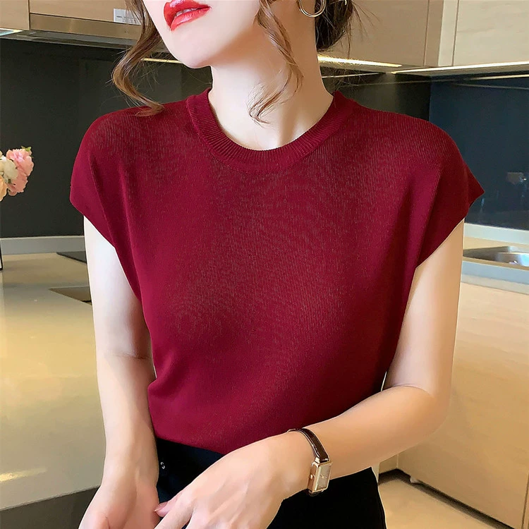 Женский тонкий трикотаж из ледяного шелка, лето 2025, новый стиль, простой и универсальный однотонный топ без рукавов для верхней одежды