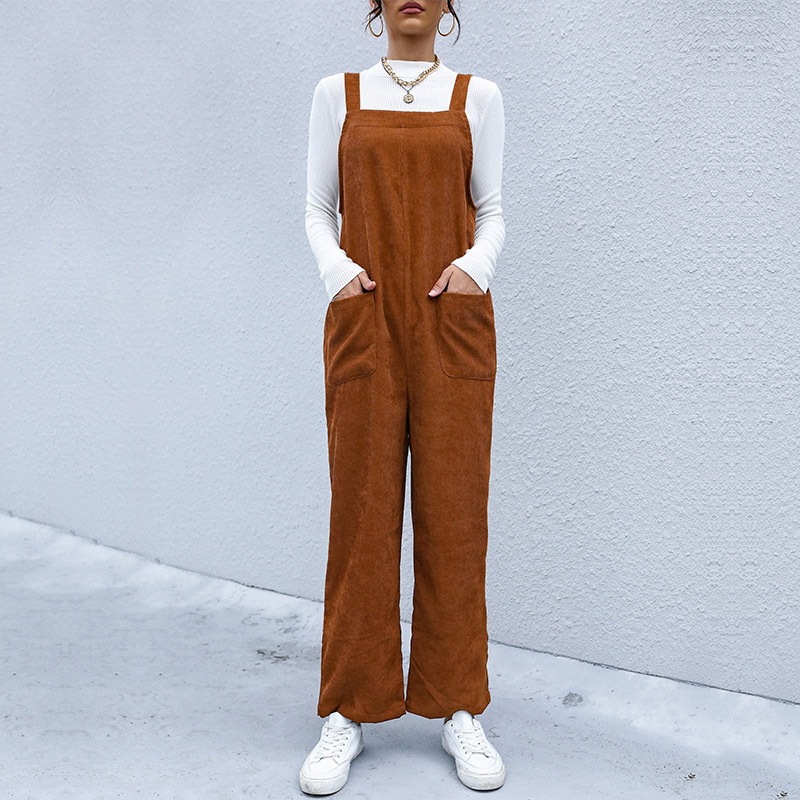 Brown Pocket Loose Corduroy Overalls_voghion.com