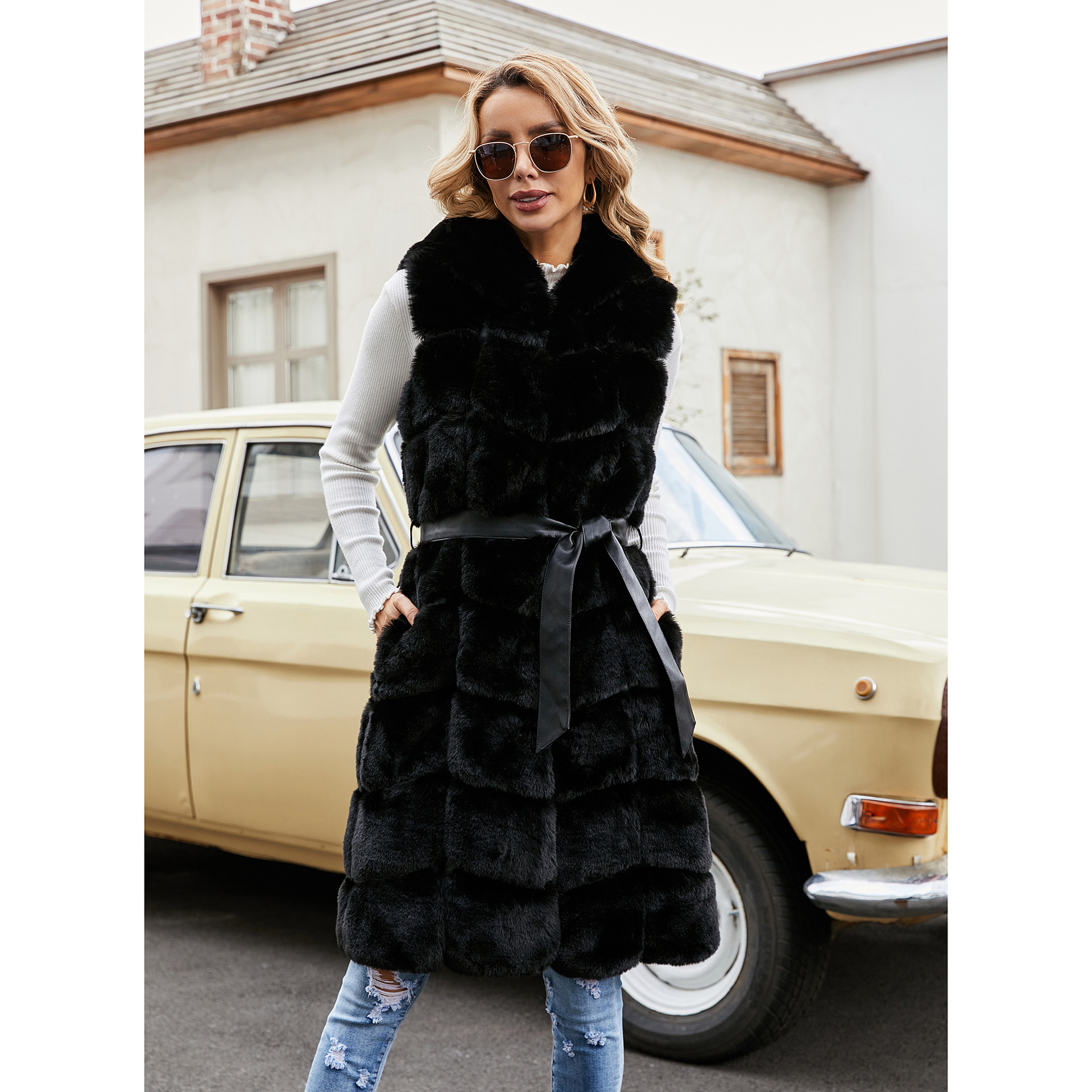 Nuevo de gama alta con capucha chaleco grande chal de las mujeres Otoño e Invierno grueso moda color sólido diamante con cinturón Cachemira-como caliente
