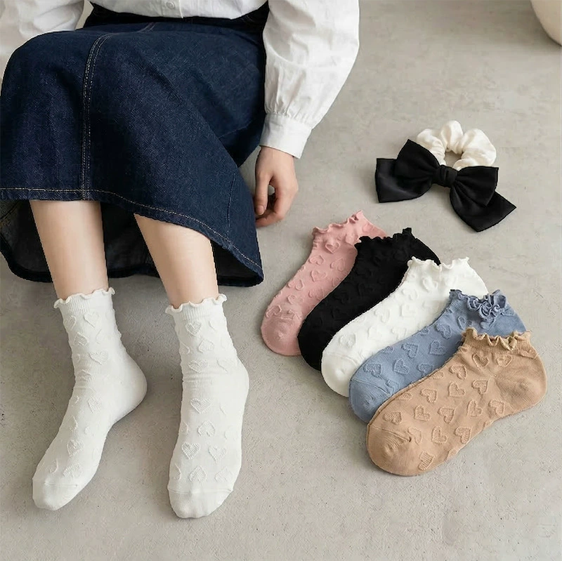 Knee socks, Lolita style, ruffled cuff with heart pattern, lightweight, one size