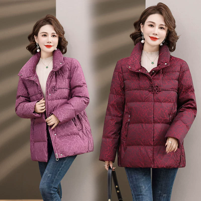 Зимний пуговица в китайском стиле, Женская утолщенная белая куртка на утином пуху для матерей среднего и пожилого возраста, зимняя одежда с воротником больших размеров