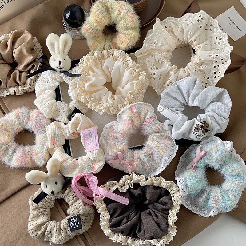 [Set aleatorio de 6 piezas] anillo de pelo de cerdo de peluche intestino grueso cuerda de cabeza dulce arco iris cabello anillo de cabello arco adornamiento de cabello mujer