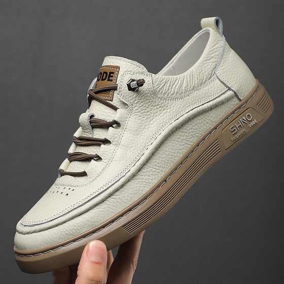 The first layer of cowhide casual white shoes spring new lace-up men's shoes soft board shoes thick-soled simple leather shoes for men