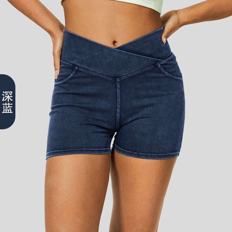 Cross-border jeans de cintura alta, pantalones cortos de yoga para mujeres, pantalones deportivos de doble bolsillo para el adelgazamiento.