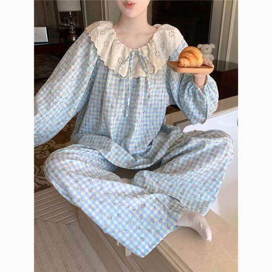 Cross-border Foreign Trade Explosions Korean Style Sweet Large Lapel Lace Pajamas Women's Spring and Autumn Outfit Home Clothes Women's Suit