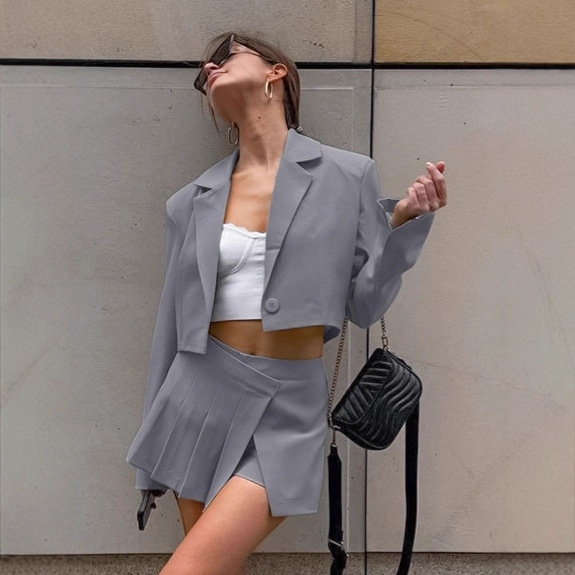 跨境学院风灰色西装短裙套装女2025秋冬时尚百搭西服裙两件套女装|undefined
