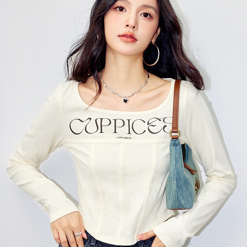 O3197 spring round neck slim fit student long sleeve U-neck top bottoming shirt T-shirt women's bottoming shirt American Retro