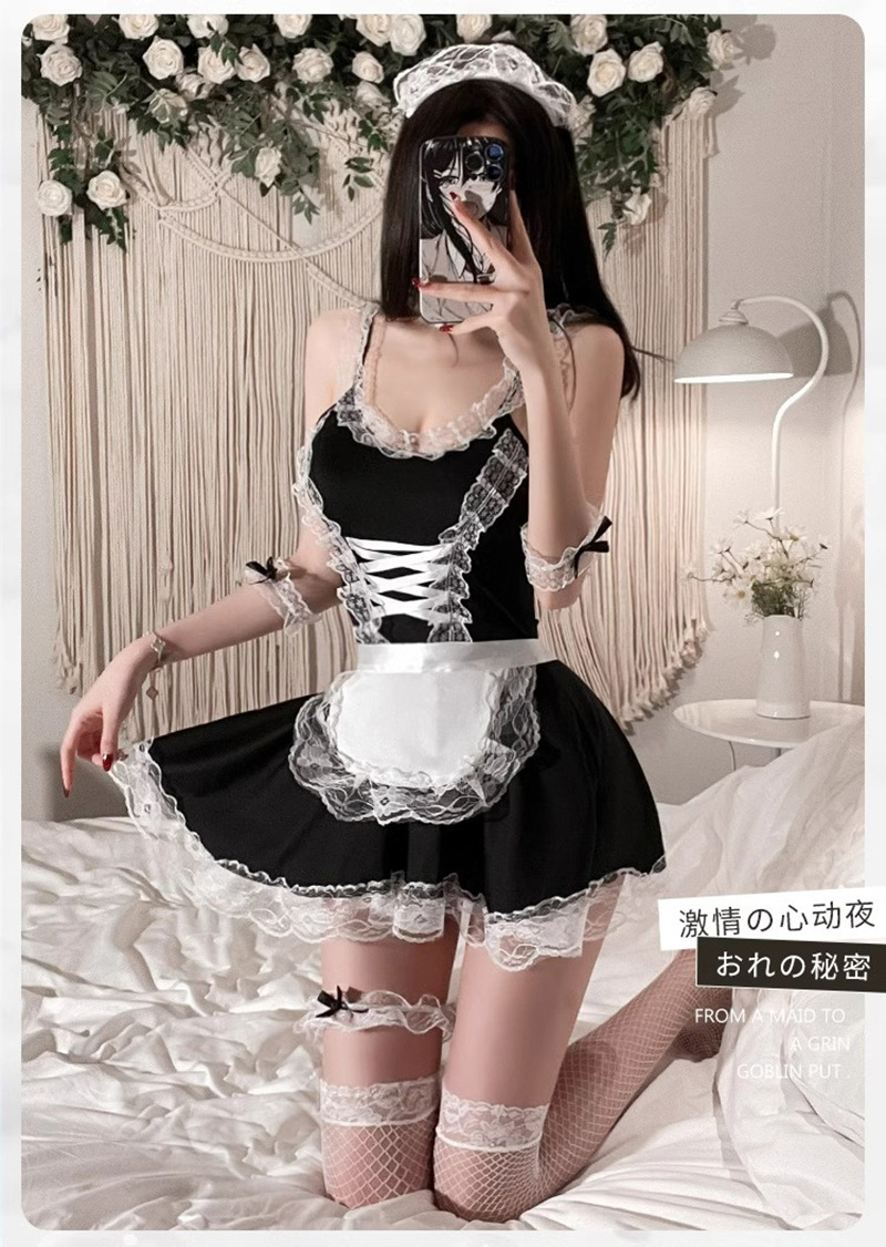 Maid Roleplay Costume Set with Headpiece, Choker, Thong and Wristbands — detail image 9