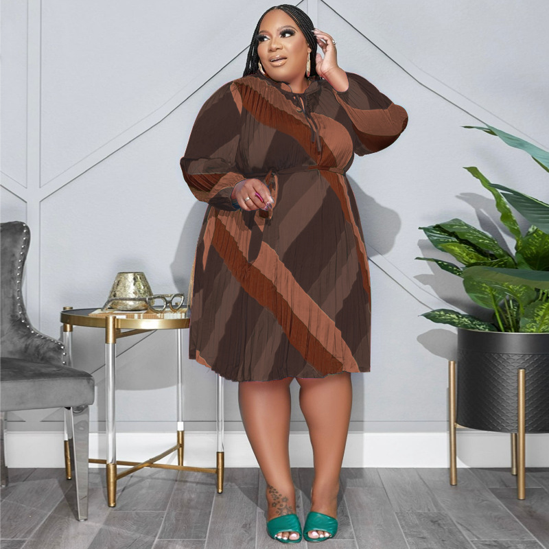 Neue Streifen mit Gürtel Mode lose Damenkleider in Übergröße_voghion.com