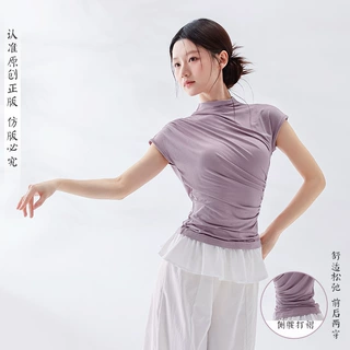舞蹈练功服女新款半高领短袖打底褶皱上衣修身形体运动瑜伽演出服