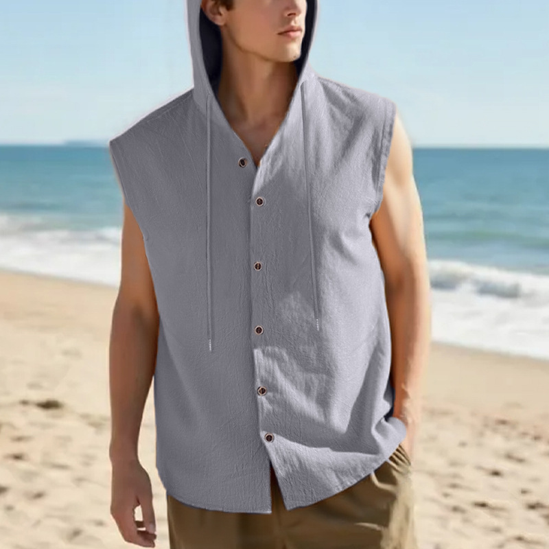 Nuevo transfronterizo Amazon nuevo estilo americano de verano hombre relajado casual lino sólido con capuchón camisa sin mangas
