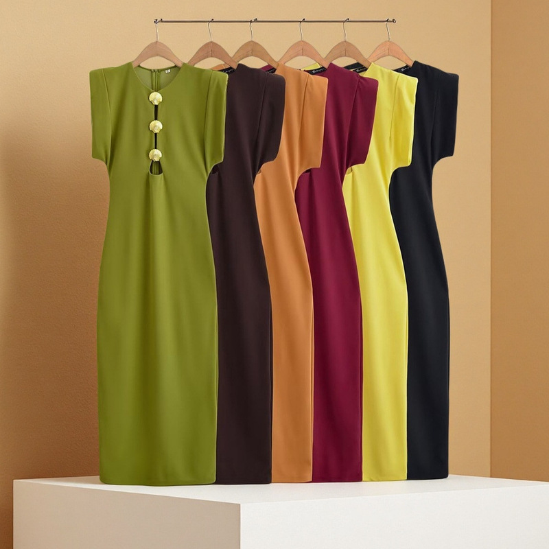 European and American Cross-Border 2025 New Summer Women's Clothing Cut Out Shell Metal Buckle Waist Exaggerated Shoulder Long Dress