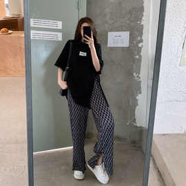 大码胖MM盐系炸街休闲运动裤2022夏季设计感宽松开叉扎染阔腿裤潮