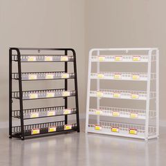 スーパーのレジの前の小さい棚のコンビニのガムの間食の展示棚の薬局の小さい商品の多層の物置棚