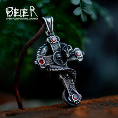 beier外貿新款不鏽鋼鑲寶石項鍊配飾品 鈦鋼復古十字架盤龍吊墜