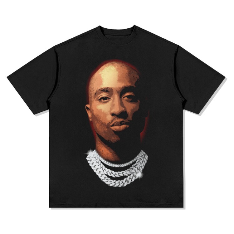 Cross-Border Retro Hip-Hop Tupac Printed Short-Sleeved T-Shirt Long-Sleeved Vintage Washed Heavy Small Neckline Versatile Ins