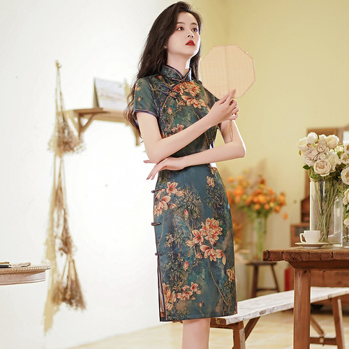 Women Green flowers Retro Chinese Dresses Qipao Cheongsam Dresses qipao fashion Plus Size short dress restore ancient ways costumes wholesale