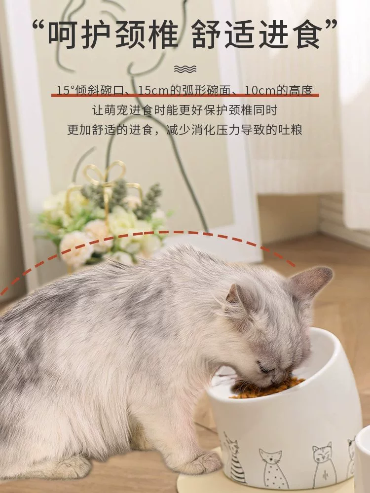Керамическая миска для кошек с высокими боками, диагональный рот, защитная шея, против ударов, миска для воды, миска для злаков, две миски для кошек и собак,宠物 миска