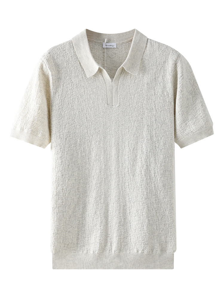 Europa y América transfronterizos textural hombre polo cuello V de punto de manga corta negocios casual alta sensación de ropa de hombre
