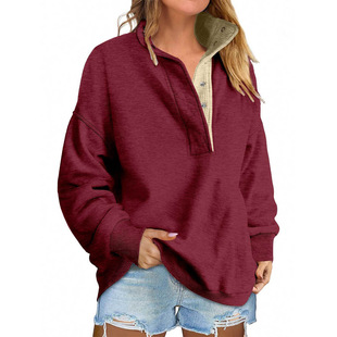 2025 Autumn and Winter Cross-Border Women's Clothing European and American Amazon Export Pure Color New Pullover Casual Loose Button Sweatshirt