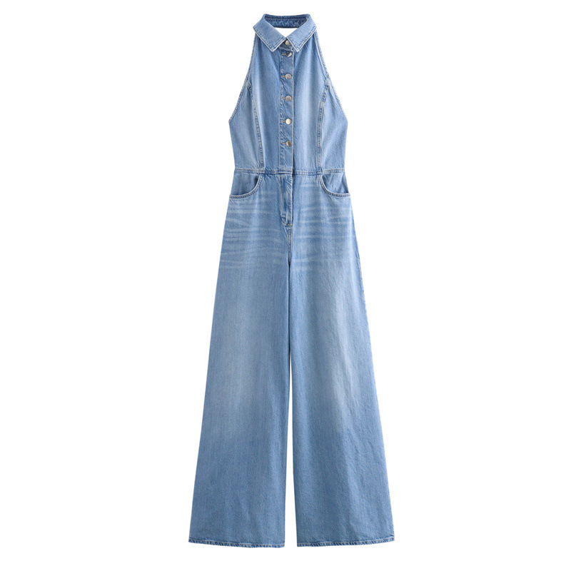 Foreign trade list! Summer New Women's Wear European and American Style Sexy Leaky Back Neck Long Denim Jumpsuit 6147125