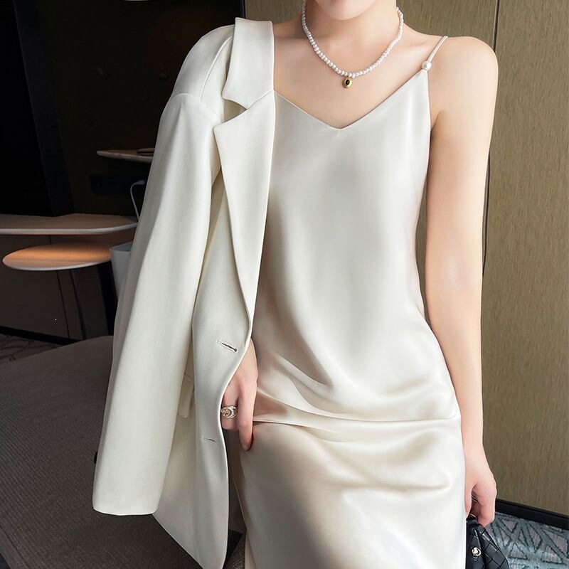 Summer New Style Silk Satin Solid Color Suspender Dress for Women, Loose and Slimming Acetate High-Waisted Long A-Line Dress Summer New Style Silk Satin Solid Color Suspender Dress for Women, Loose and Slimming Acetate High-Waisted Long A-Line Dress