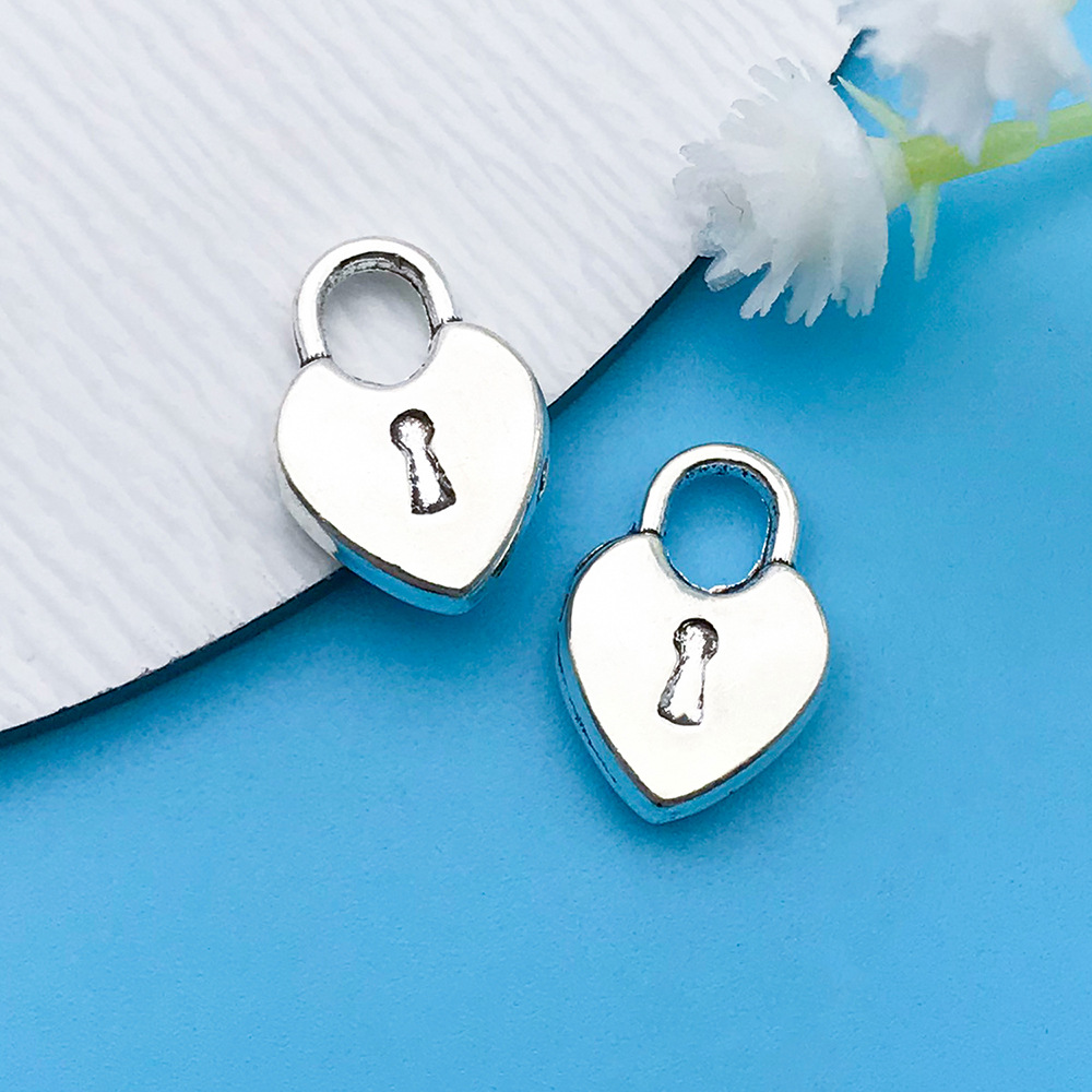 1 고대 실버 복숭아 사랑 심장 모양의 자물쇠 9.5x 14mm-11210-1.3g