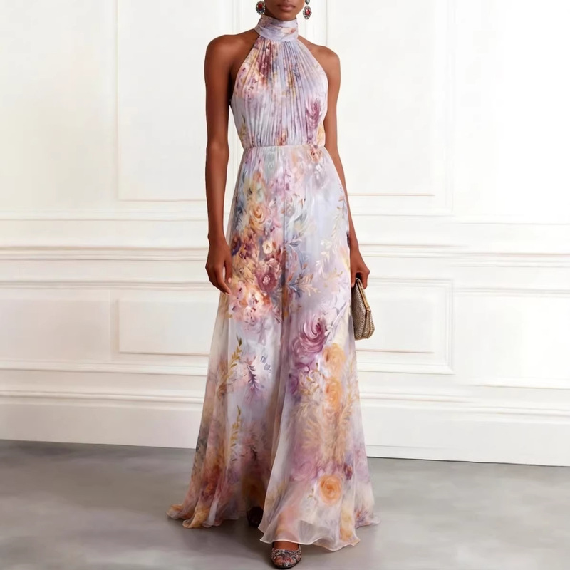 2026 Spring New Halter Neck Printed Long Dress for Women, Elegant Sleeveless Dress, Evening Gown, Flowing Chiffon Dress