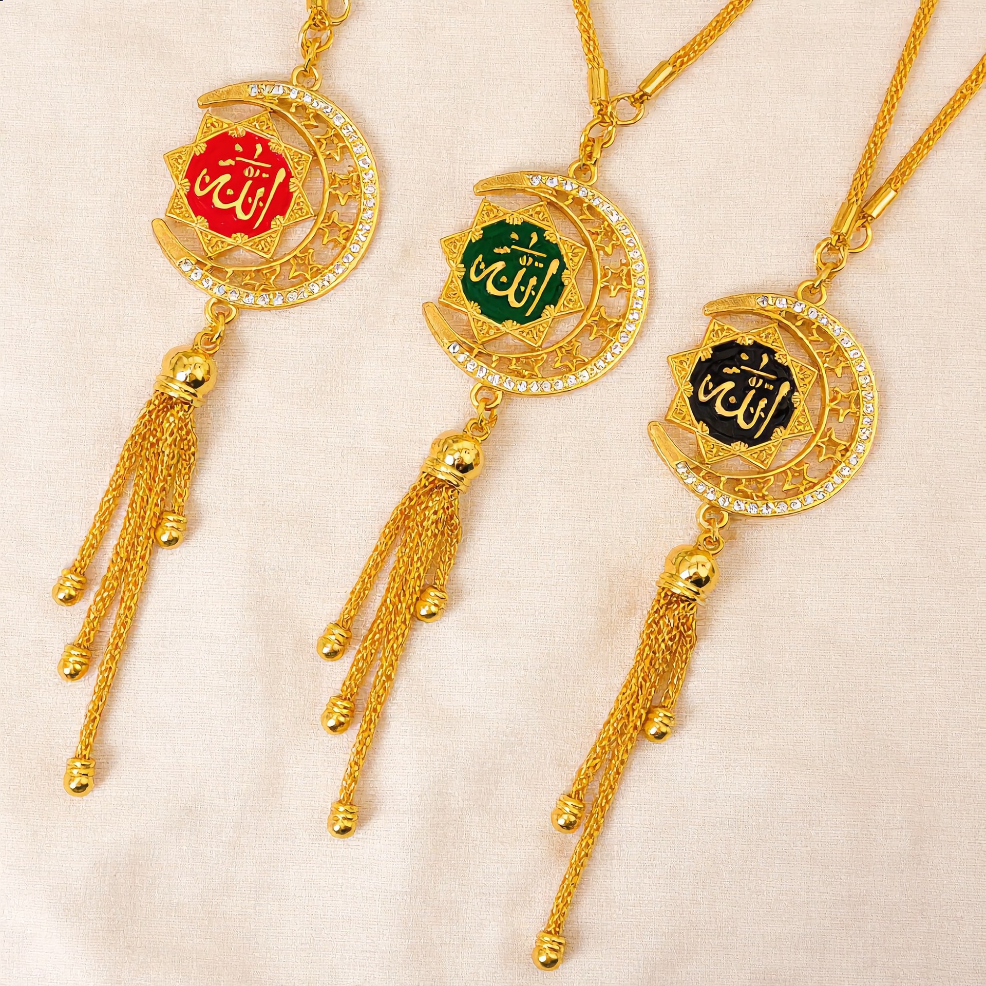 Golden Star and Moon Enamel Car Pendant, 3D Scripture Car Hanging Ornament, Diamond-Encrusted Rearview Mirror Tassel Decoration, Cross-Border Wholesale